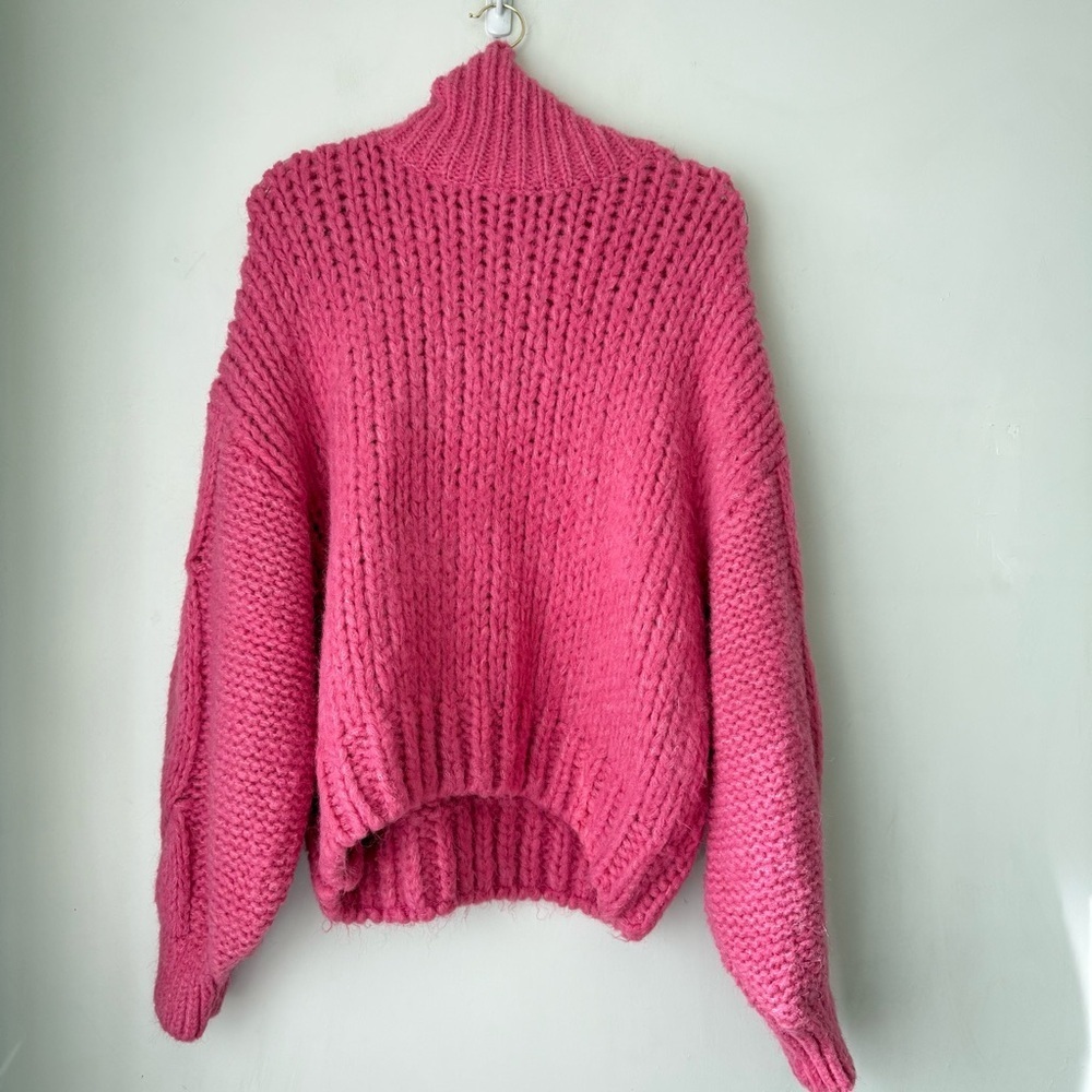 Bright Pink Oversized Chunky Knit Turtleneck Sweater M - Picture 2 of 3